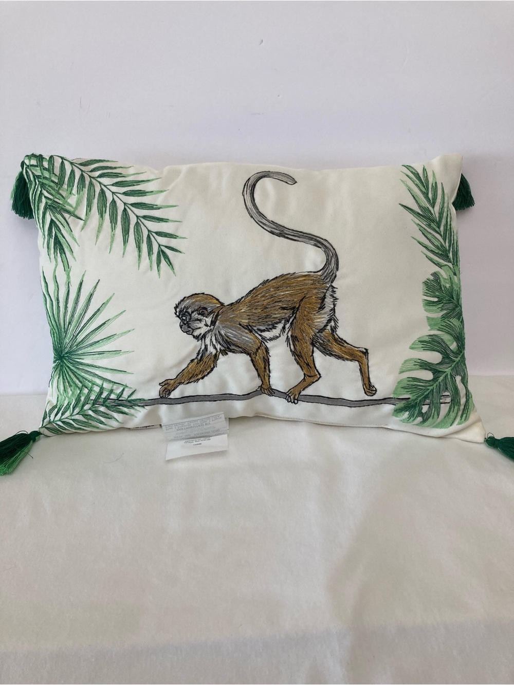 Pier 1 Imports Monkey Embroidered Decorative Pillow - Cream and Green tassels